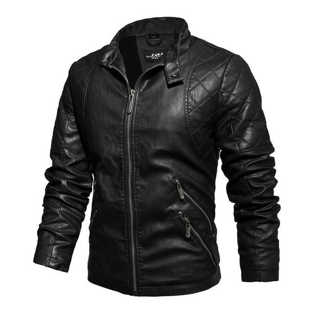 REDHOTYPE Men's Vintage Stand Collar Leather Jacket Motorcycle PU Faux  Leather Jacket Fleece Lined Winter Outwear