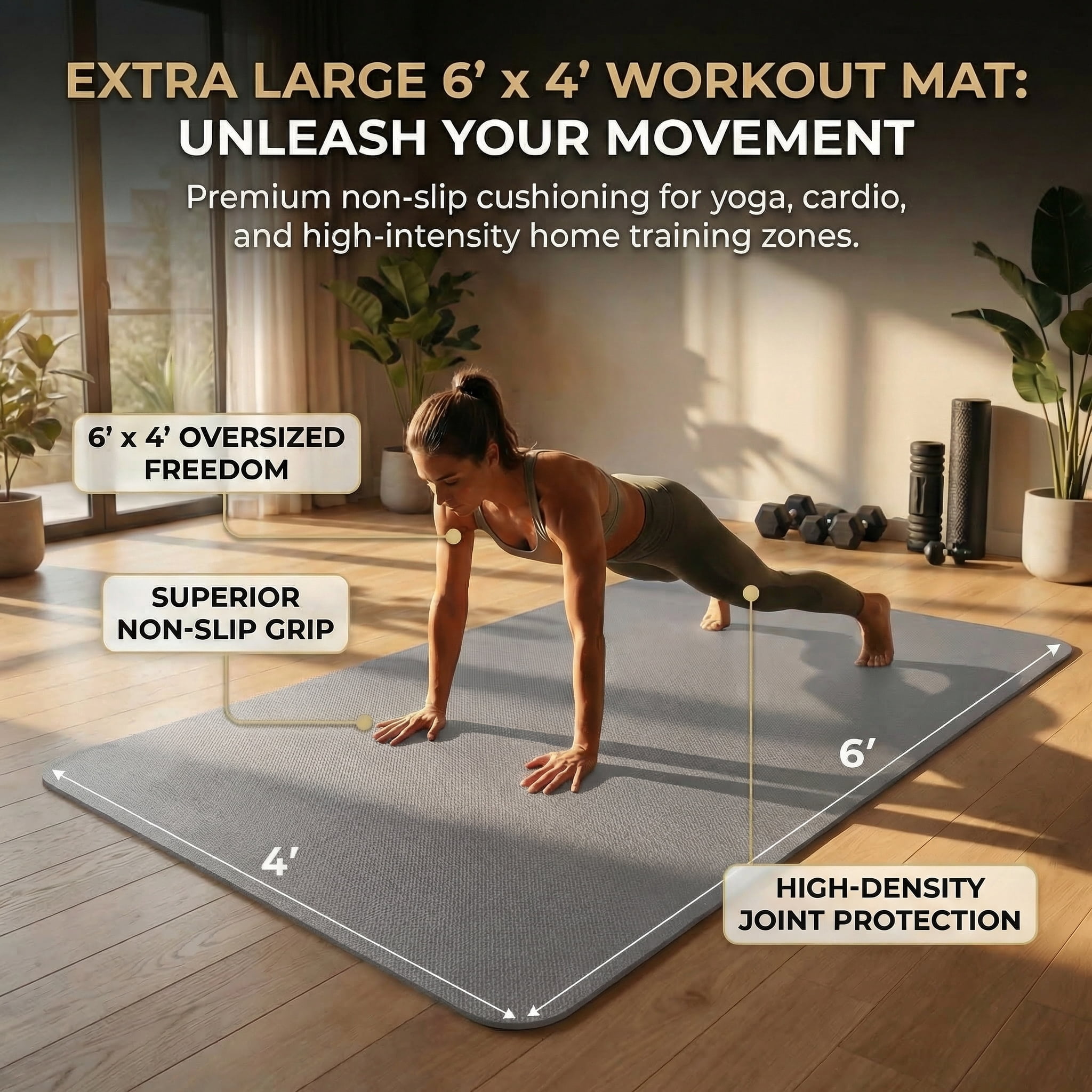 FrenzyBird Large Yoga Mat 6'x4' (72"x48") 183x122cm, 1/4" & 1/3" Thick TPE Non-Slip Extra Wide Exercise Mat, Big Home Workout Mat for Yoga, Pilates, Gym & Floor Workouts for Women & Men（6mm Gray）