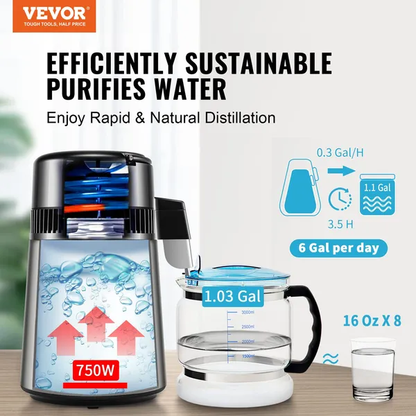 4L 1.05 Gallon 750W Stainless Steel Water Distiller Purifier Machine For Home Countertop
