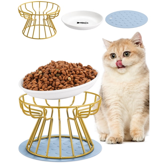 Ceramic Cat Bowls with Metal Stands, Non-Slip Ceramic Cat Dish with Elevated Stands, Water Stand Feeder Set for Cats and Puppy