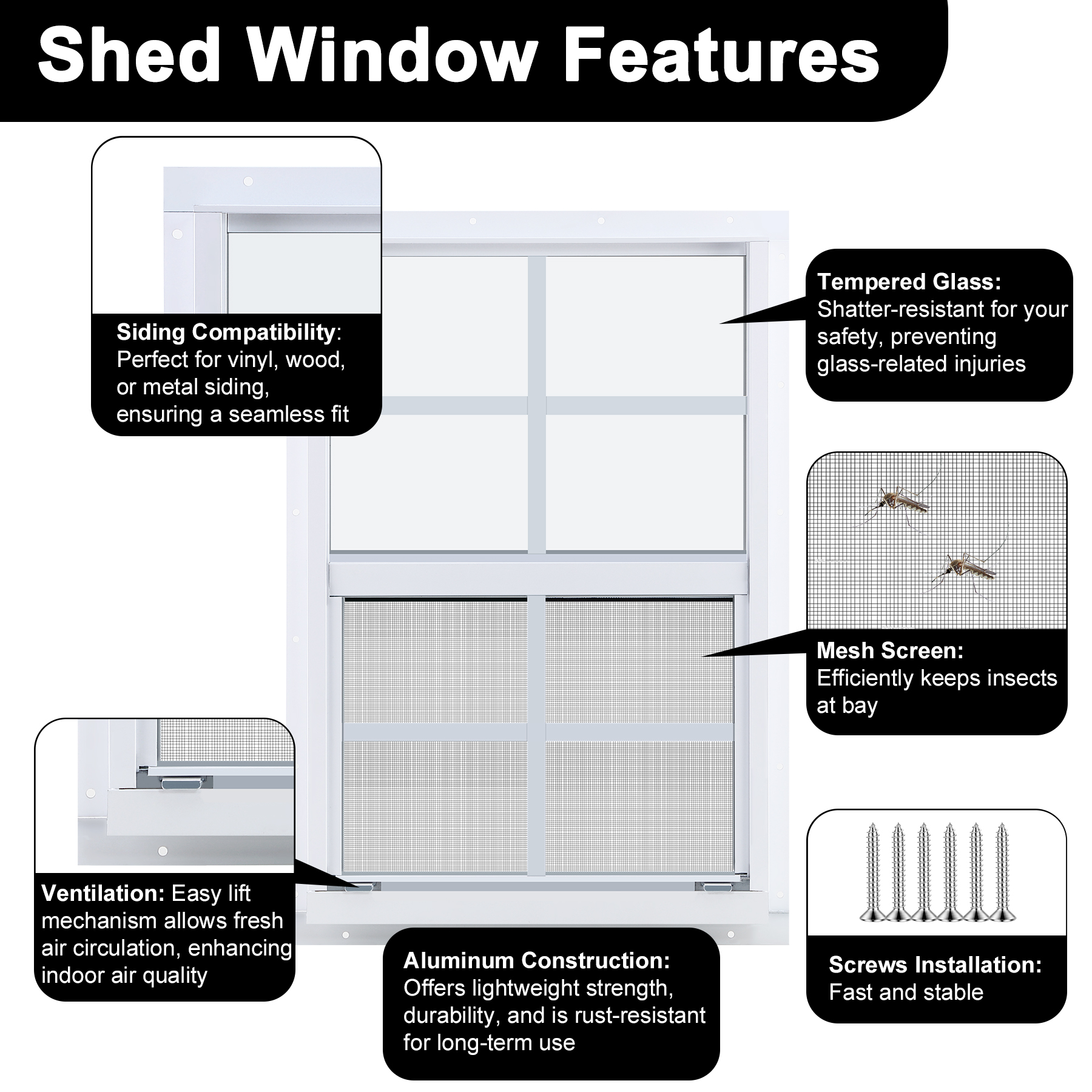 Gaahing Heavy-Duty Aluminum Shed Windows Kit Flush Mount with Tempered Glass & Fiberglass Screens,24" x 36",2-Pack