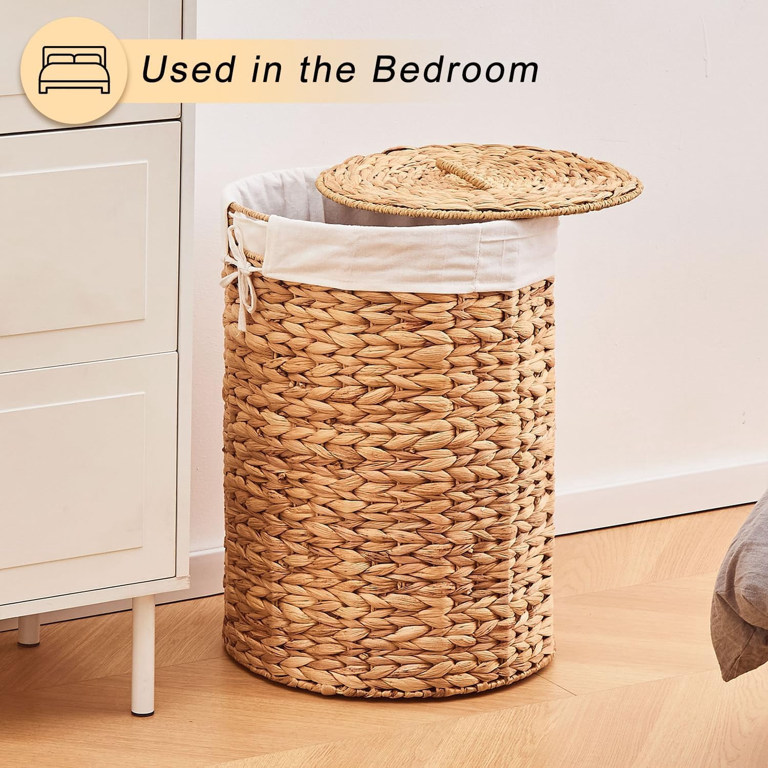 Casa Pura Furniture Handwoven Water Hyacinth Laundry Hamper with Lid, 60L Wicker Storage Basket with Handles for Home Organization, Bedroom Bathroom Use