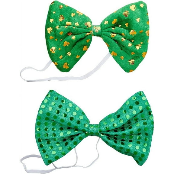 1bag 2Pcs 2 Style Saint Patrick's Day Tie Green Sequin Tie Elastic Tie with Lucky Clover Pattern for Party Costume Ornament Accessories
