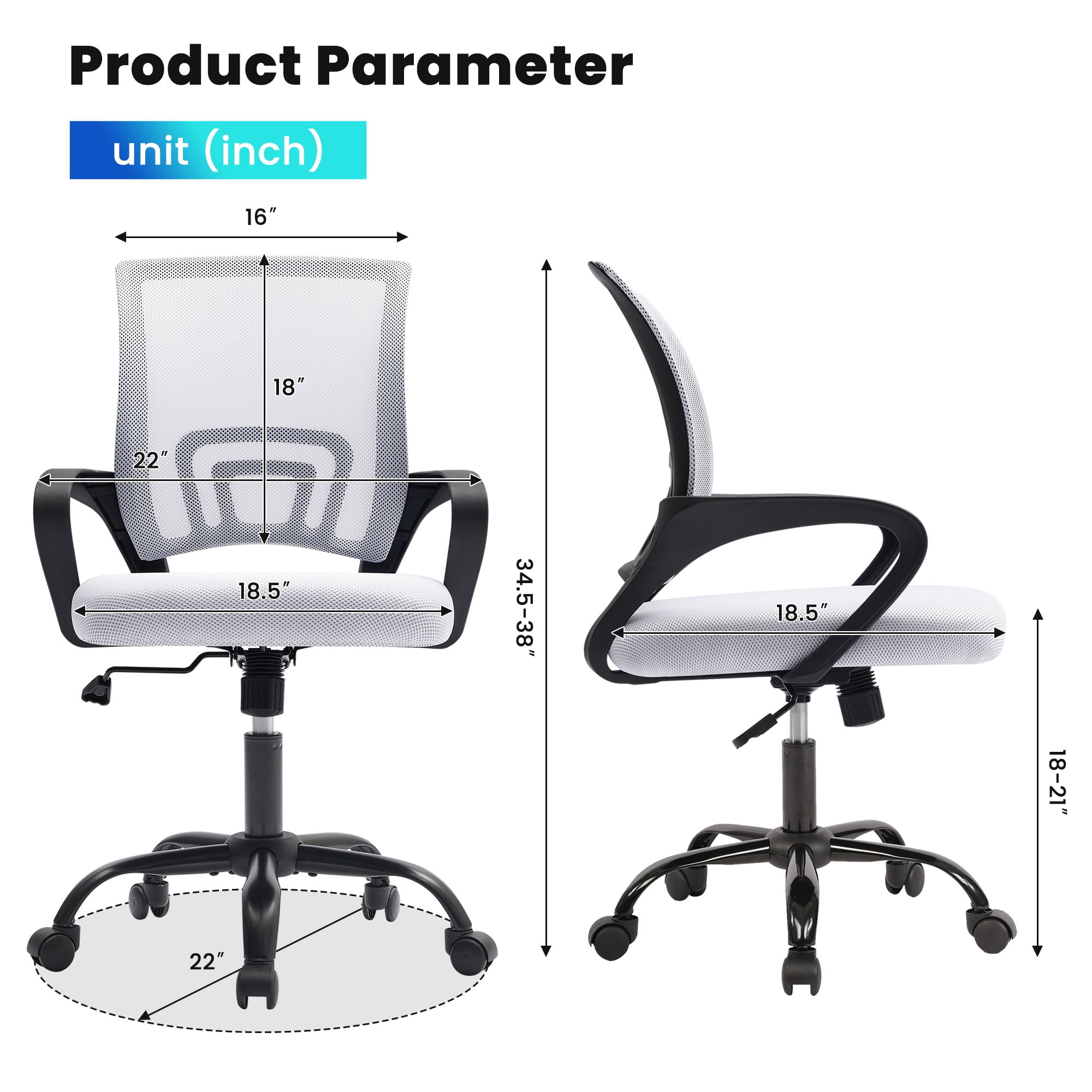 JONPONY Ergonomic Office Chair，Swivel Desk Chair with Lumbar Support, Adjustable Height with Armrests for Adults,White