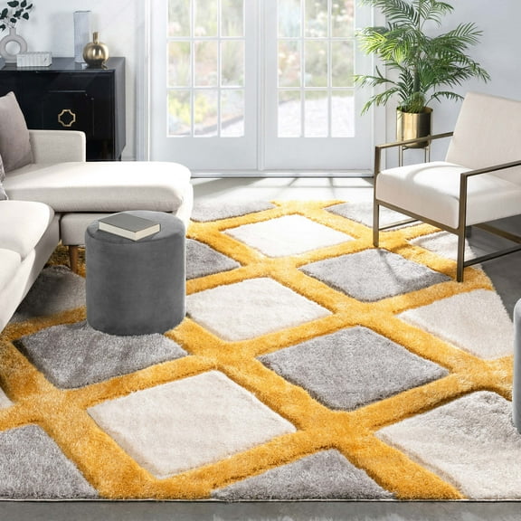 Well Woven Parker Yellow Geometric Boxes Thick Soft Plush 3D Textured Shag Area Rug 5x7 (5'3" x 7'3")