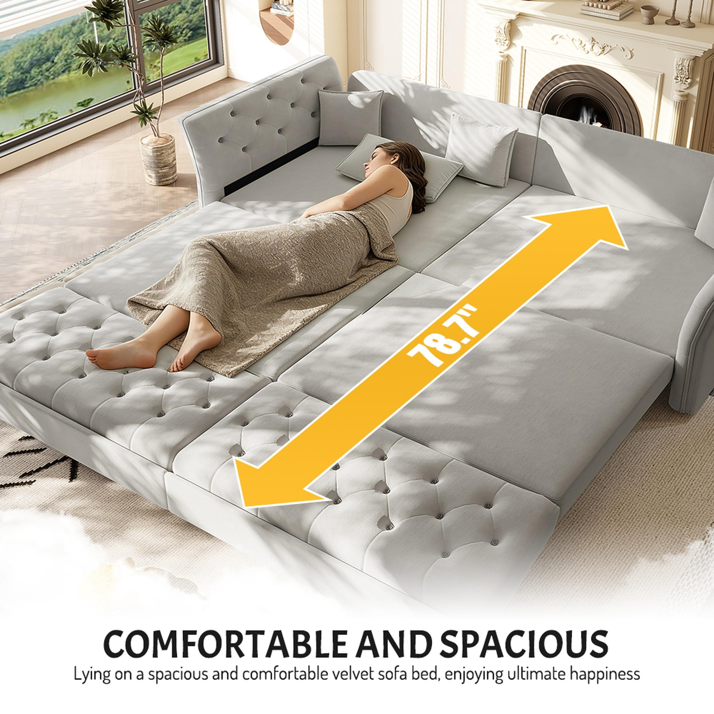 100" Oversize Light Grey Velvet Sofa Bed, Convertible Sleeper Loveseat with Handmade Flower Tufted Design, Multi-Functional 4-Seater for Living Room, Bedroom, Apartment