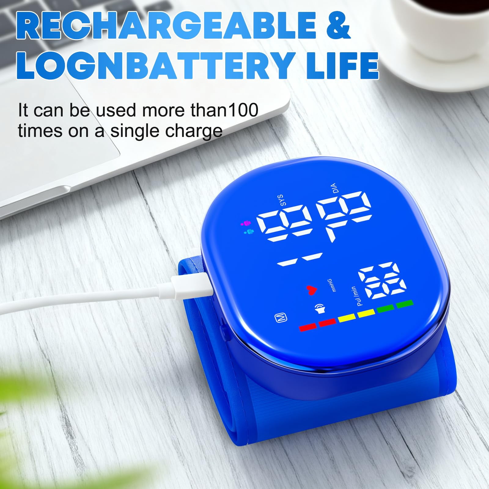 Wrist Blood Pressure Monitor, Rechargeable BP Cuff with Large LED Backlit Display, 5.3"-8.4" Adjustable Wrist Cuff, 2-User Mode, Digital Blood Pressure Machine for Home Use,Blue