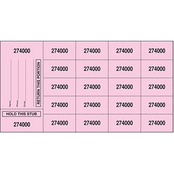 500 Pink Chinese Auction Tickets (2 Stub Choices) (20 Bid Numbers per Sheet, Stub w/ "Buyer's Name, Phone & Email")