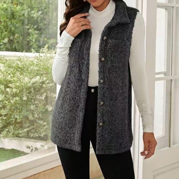 Women's Double-Faced Fleece Vest, Lapel Collar Button Front Sleeveless Jacket with Pockets, Plush Reversible Vest for Women, Soft Warm Layering Piece for Fall Winter, Casual Button Down Vest