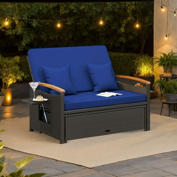 Resenkos Outdoor Wicker Daybed with Folding Panels and Storage Ottoman-Navy, Patio Seating Conversation Set, Modern Patio Sofa Sectional All Weather Proof for Patio Back Deck