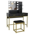 thumbnail image 3 of Hassch Vanity Desk with Lights and Mirror, Makeup Table with Cushioned Stool, Dressing Table with 2 Drawers and 3 Shelves for Bedroom, Black, 3 of 9