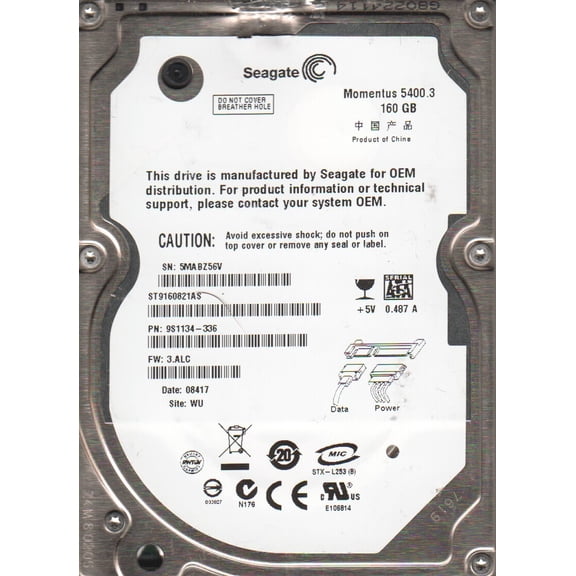 ST9160821AS, 5MA, WU, PN 9S1134-336, FW 3.ALC, Seagate 160GB SATA 2.5 Hard Drive