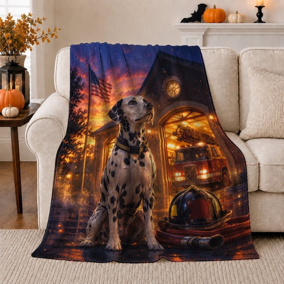 Firefighter Dalmatian Hero American Flag Night Sky, Dramatic Pet Portrait Pattern, Warm Flannel Blanket for Living Room and Bedroom, Dog Lovers Father's Day Gift, Pet Lover Home Decor
