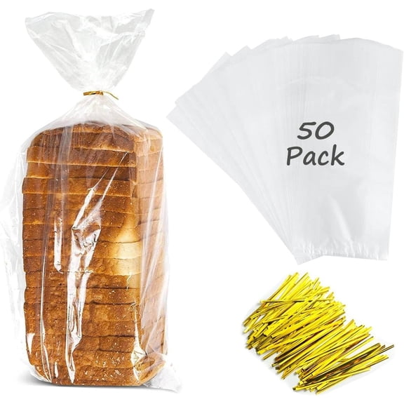 Large Bread Bags with Ties, 8 x 4 x 18", 50 Pack, Clear, Reusable, Bulk Bread Bags for Homemade Bread, Plastic Bakery Bags, Clear Bread Loaf Packing Bags