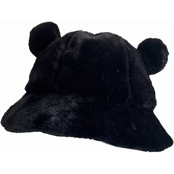 LinYooLi Women Winter Hat Cute Soft Bear Ears Hat Plush Fisherman's Cap Warm Student Bucket Hat Detachable Pompom Hat