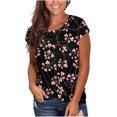 thumbnail image 1 of Pompotops T-Shirts à Manches Courtes Col Rond Imprimé Floral avec Fente Poitrine pour Femmes T-Shirt Graphique d'Été, 1 of 9