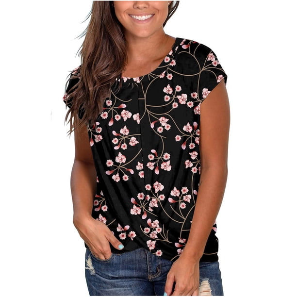 Camisetas de manga corta de verano para mujer, blusa informal con cuello redondo y estampado frontal Fridja bn3336