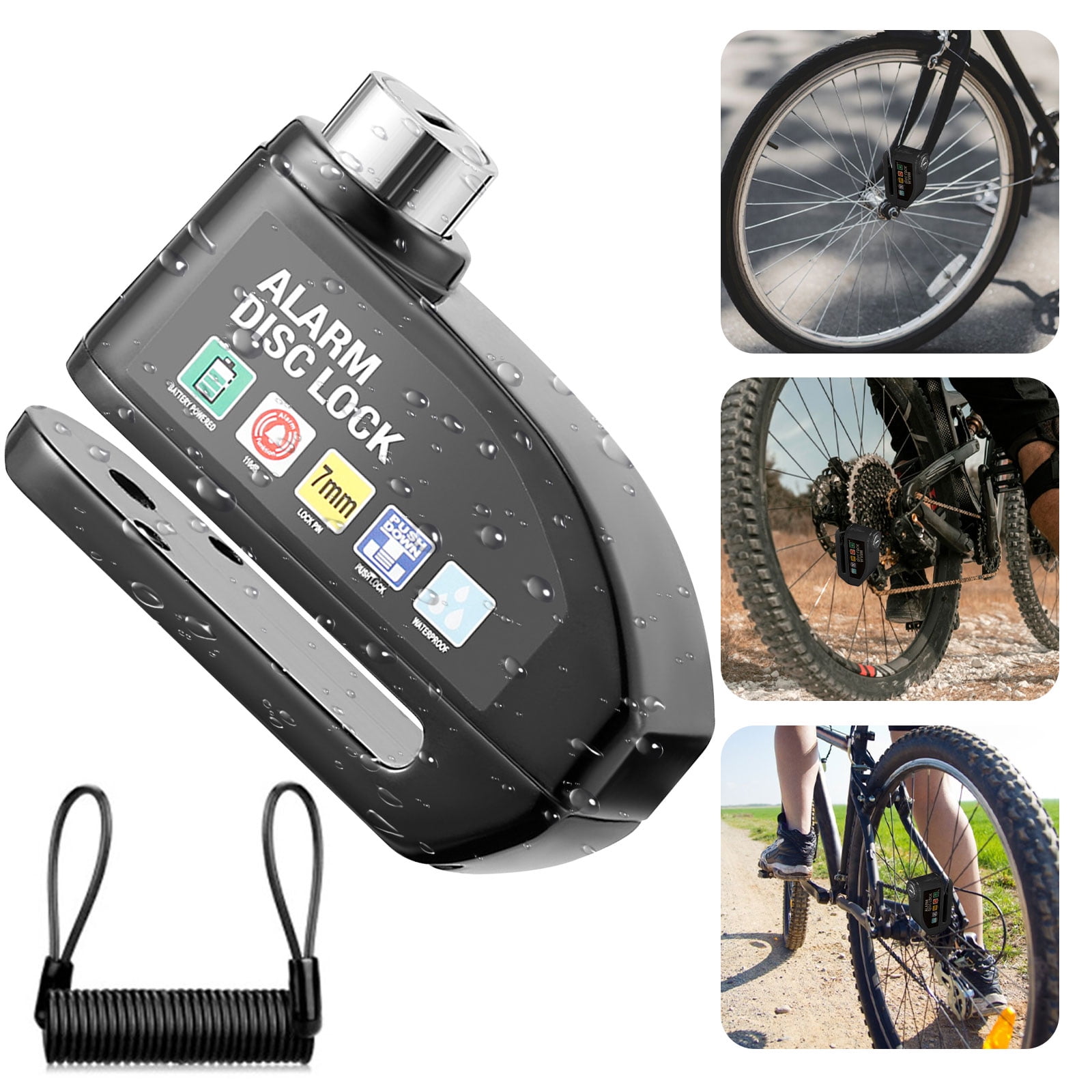 Motorcycle Lock with Alarm, Anti-Theft Disk Lock Alarm Bike Padlock, 110db 7mm Pin with 5.2ft Reminder Cable for Motorbikes Bicycles