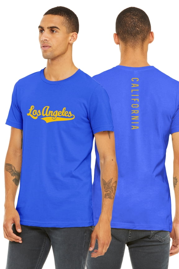 Adult Unisex Tshirt Los Angeles Script with California Vertical on the Back, Royal Gold, M