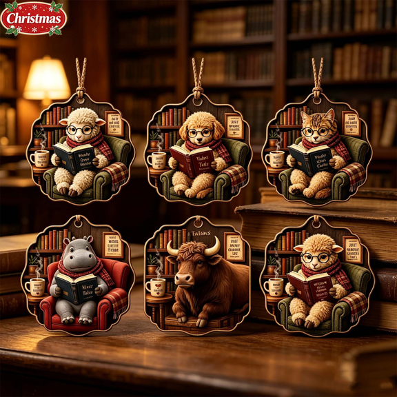 Christmas Decorations, Book Lover Christmas Ornament, 8cm Acrylic Hanging Ornament, Cute Animal Reading Book Themed Pendant, Library‑Style Decor for Christmas Tree Bookshelf Wall, Unique Holiday Gift