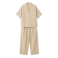 thumbnail image 6 of Miluxas Women's Summer Lightweight 2 Piece Outfits Loose Fit V Neck Short Sleeve Blouse and High Waist Wide Leg Pants Casual Set Khaki, 6 of 7