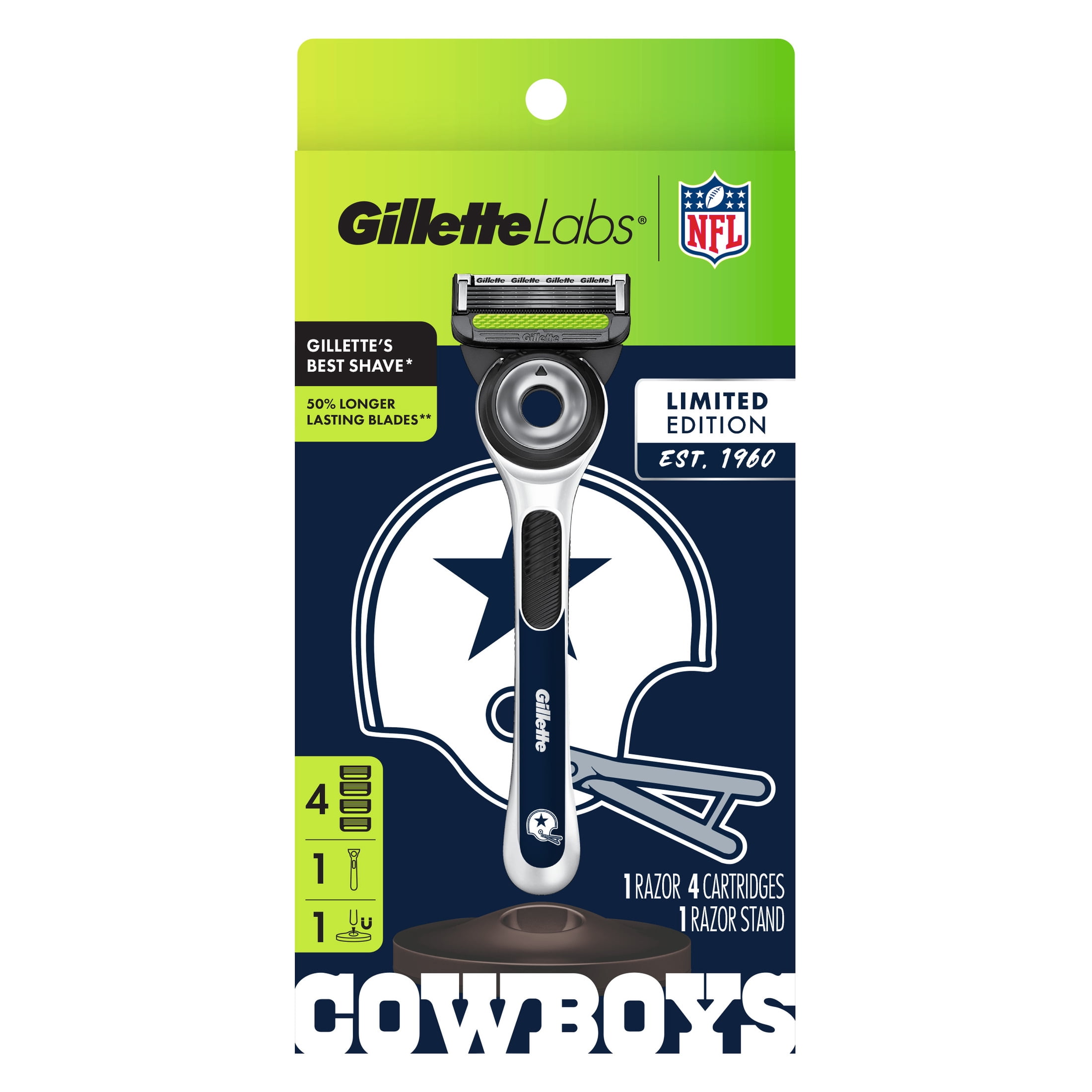 Gillette Labs Official Cowboys Licensed Razor for Men, Perfect for Game Day Grooming, Gillette Labs with Exfoliating Bar, 1 Handle, 4 Blade Refills, with Magnetic Stand
