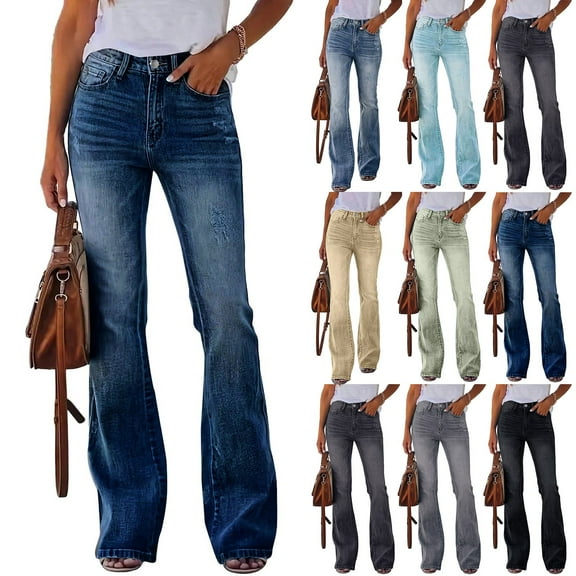 Women's High Waist Flare Jeans with Bell Bottom Design Comfortable Stretch Denim Wide Leg Pants for Casual Wear
