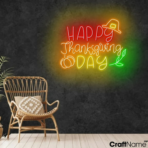 Craftnamesign Happy Thanksgiving Day Neon Light Sign, Autumn LED Sign Wall Art, Fall Decor
