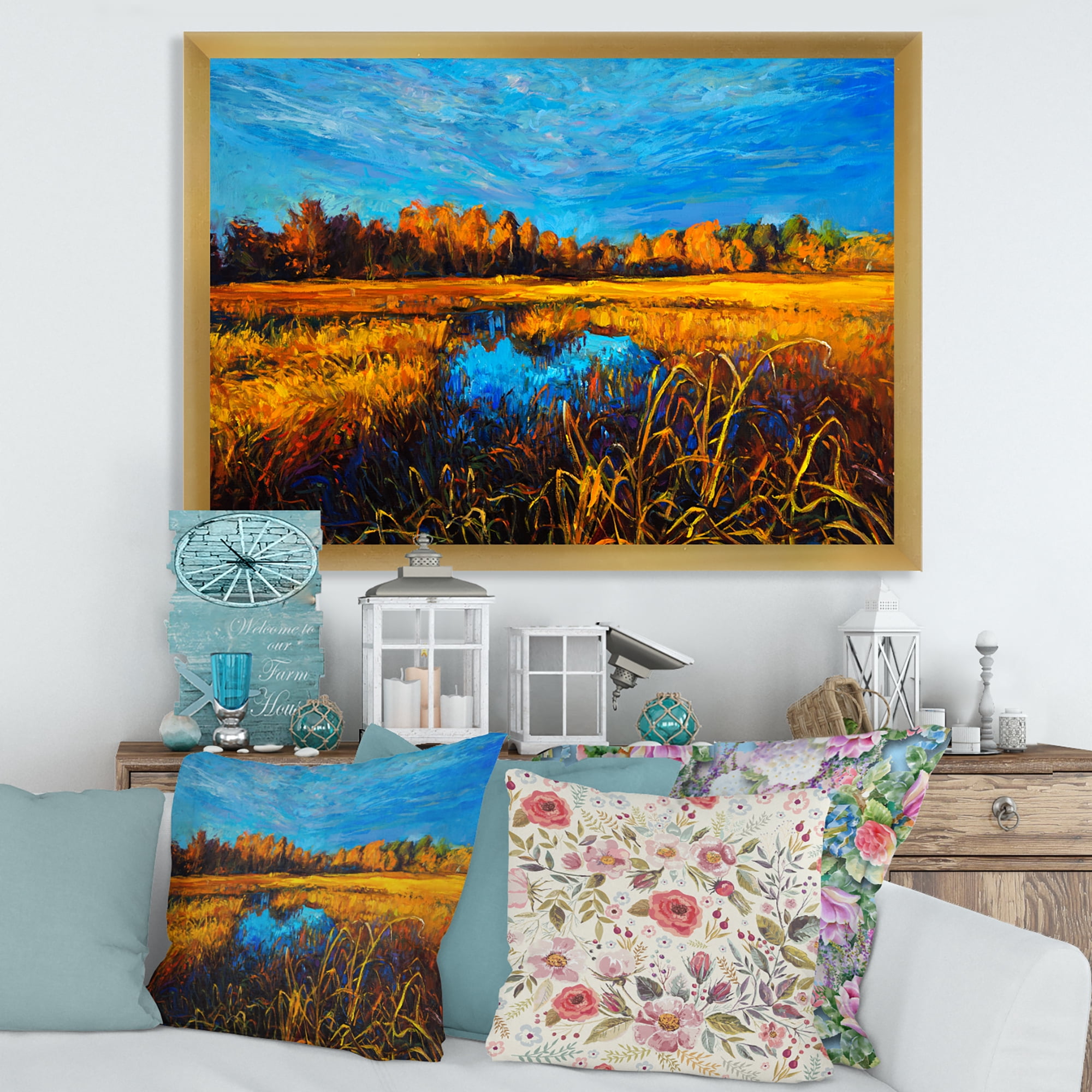 Designart 'A Light Blue Sky Over Orange Meadows' Traditional Framed Art Print