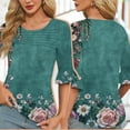 thumbnail image 2 of Women's Summer T-Shirts 3/4 Length Sleeves Floral Print Shirts Casual Ruffle Bells Sleeves Shirts Fashion Classic Front Pleated Slim Blouses Top, 2 of 6