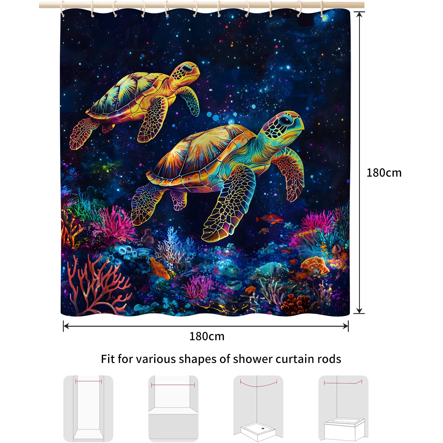 MIZHONA Sea Turtle Shower Curtain Blacklight Ocean Coastal Waterproof Fabric Bathroom Curtain 72x78 in