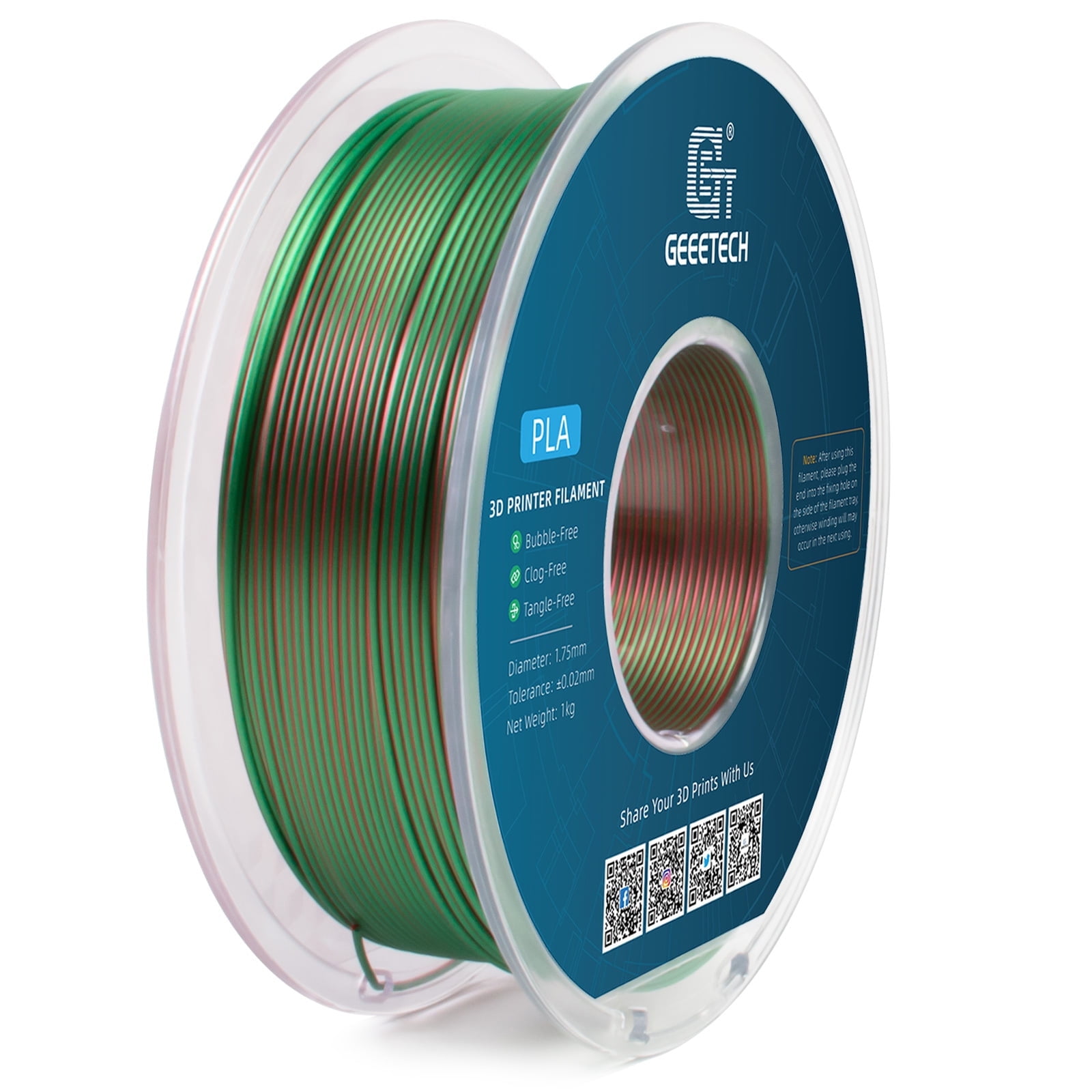 Geeetech Anti-silk type 3D Printer PLA Filament 1KG Toughness Enhanced Filament with 1.75mm Dimensional Accuracy +/-0.03mm, 1080 Feet per Roll, Vacuum Packaging Two-color green and red