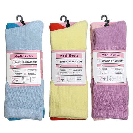 Falari 6 Pairs Women Diabetic Crew Socks for Diabetes Edema and Circulatory Loose Fitting Cotton Assorted Color Size 9-11