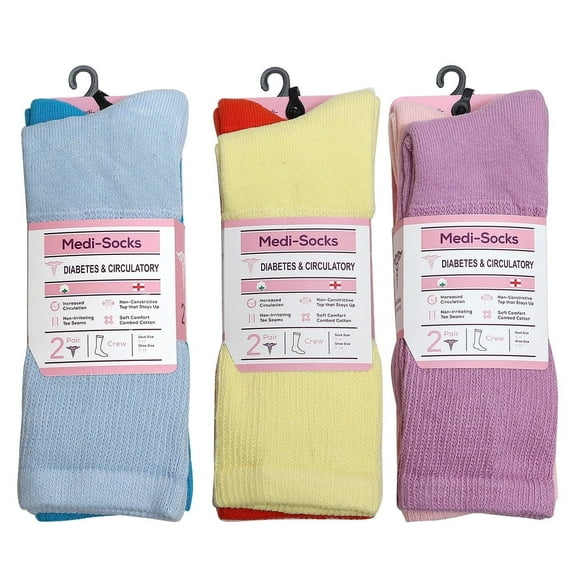 Falari 6 Pairs Women Diabetic Crew Socks for Diabetes Edema and Circulatory Loose Fitting Cotton Assorted Color Size 9-11