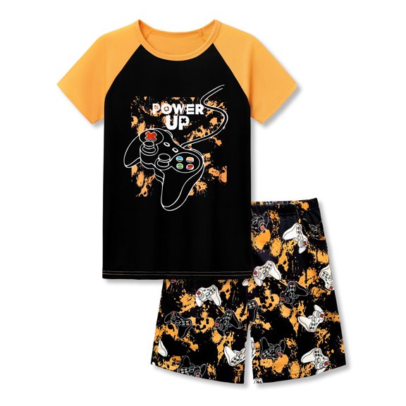 Beezizac 2-Piece Cozy Pajamas For Little Big Boys Yellow Gamer Short Sleeve Cool PJ Set Kid Size 10