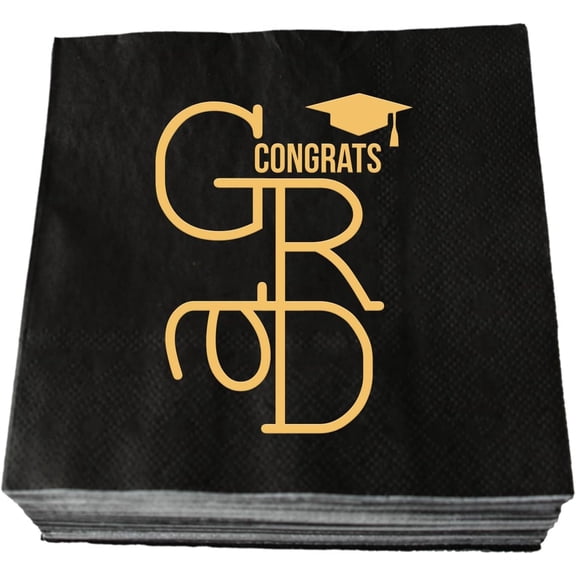 20pcs Congrats Grad Napkins, Black and Gold 2025 Graduation Cocktail Napkins, Class of 2025 High School/College Graduates Party Decorations, 3 Ply 5"x5"