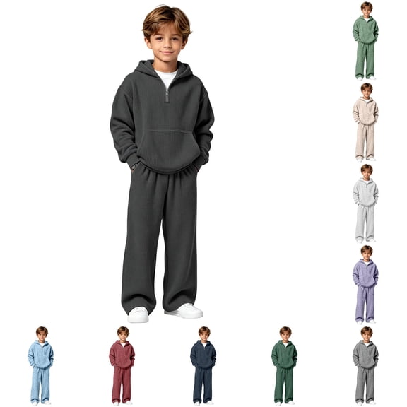 GobdXE Boys 2-Piece Waffle Knit Hoodie & Pants Set, Quarter-Zip Sweatsuit Black,4-5 Years