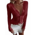 thumbnail image 2 of Womens Cardigan Sweaters Lace Ruffle Trim V Neck Long Sleeve Button Front Ribbed Knit Cute Fitted Crop Tops Wine Red S, 2 of 9