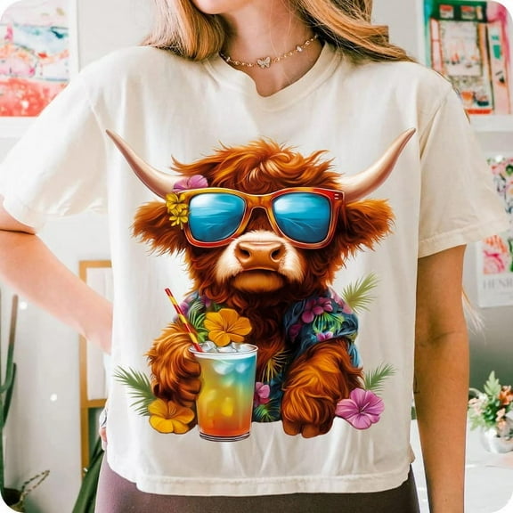 Summer Vibes Highland Cow T-Shirt, Highland Cow Summer Tee, Retro Funny Beach Shirt, Cute Summer Graphic Shirt for Women