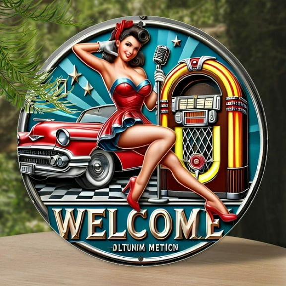 1pc Vintage 1950s Pin-Up Girl with Classic Car & Jukebox Welcome Sign - Retro Aluminum Round Wall Art, Perfect for Bar, Café, Beach House, Backyard Decor, 7.8x7.8 inch, Girly Room Decor, 2D