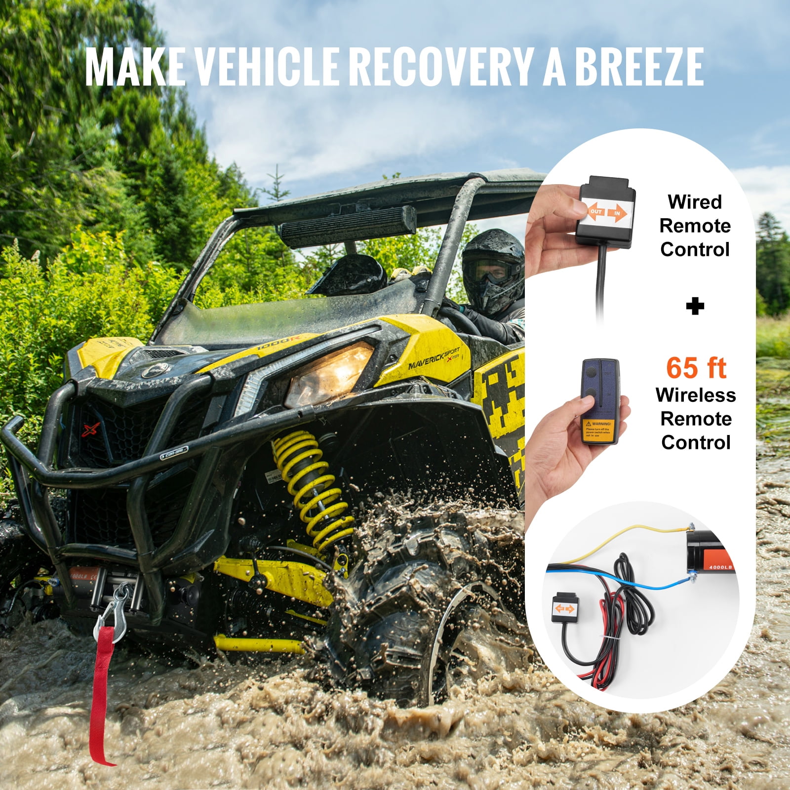 KFFKFF Electric Winch, 4000 lb Pulling Power, 12V DC for ATV/UTV, with Φ3/16 in x 39 ft Steel Cable, Roller Fairlead, Remote Control Options, IP55 Water Resistance, Ideal for UTV ATV Towing