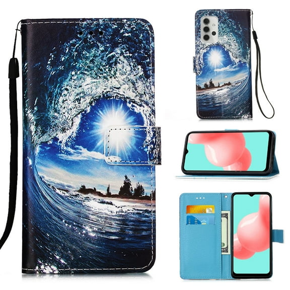 For Samsung Galaxy A32 Case 5G, Mantto Cute Pattern Painted Flip Wallet Card Case, With Hand Strap Magnetic Closure Stand Phone Case Cover For Samsung Galaxy A32 5G,Sea Wave