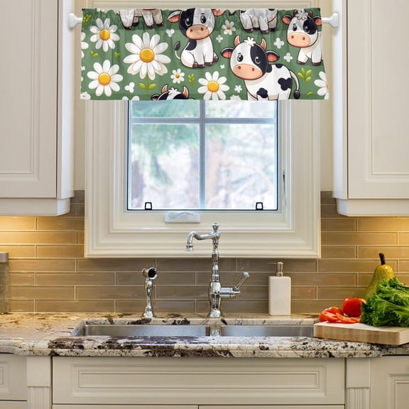 Cows Daisy Or Flowers Curtain Valances Farmhouse Design Window Treatment Decor Blackout Rod Pocket for Windows Living Room Kitchen 54" x 18"