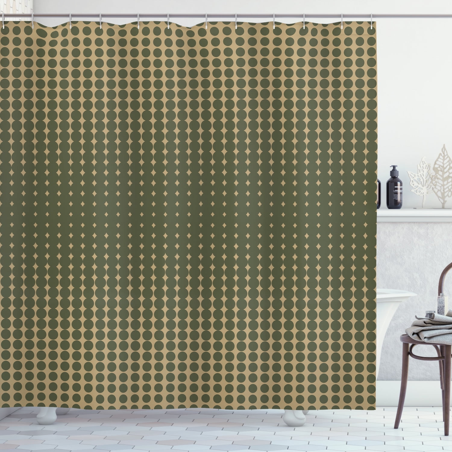 Olive Green Shower Curtain, Abstract Dotted Halftone Design Vintage