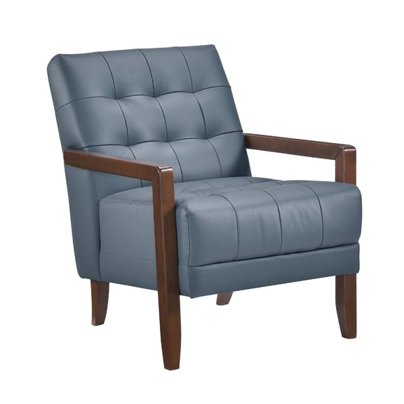 Lenie Accent Armchair- Button Tufted Blue Leather- Walnut Brown Wood