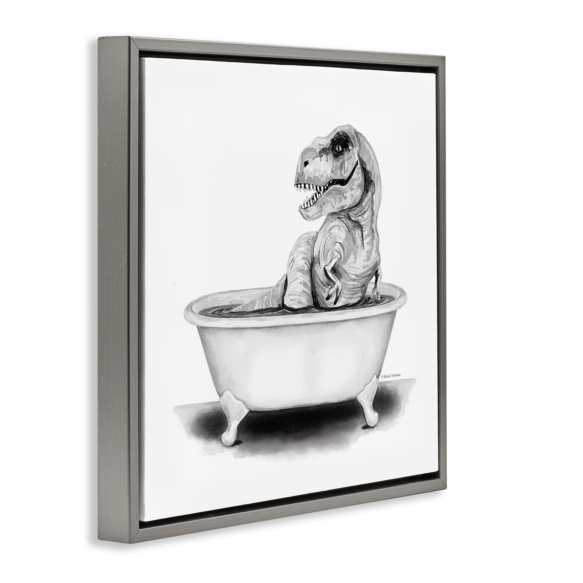 Stupell Industries Funny T-Rex Bathtub Washroom Animals & Insects Painting Gray Floater Framed Canvas Art Print Wall Art, 18 x 18