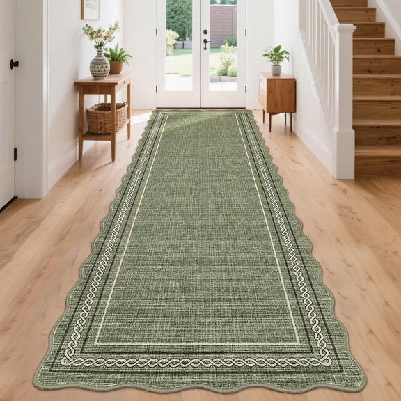 2x8 Runner Rug Washable Non Slip Scalloped Entryway Kitchen Rug Low Pile Stain Resistant Green