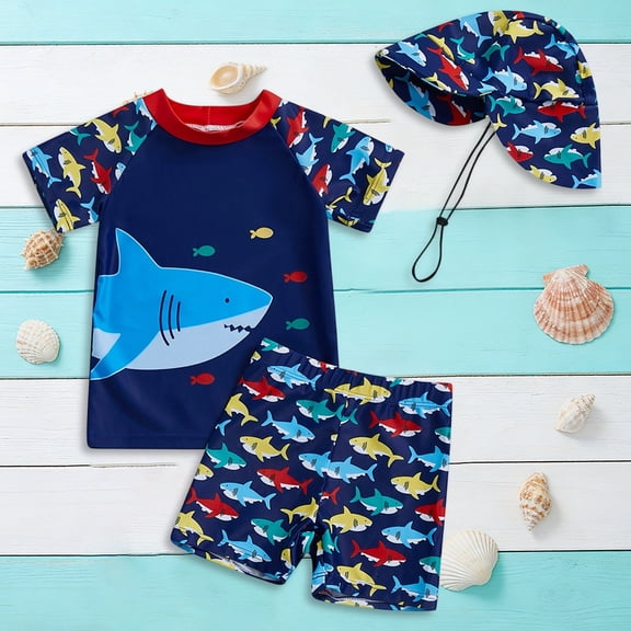 Toddler Boy Swimsuit Baby Boys Three Piece Rash Guard Set with Hat Baby Boy Bathing Suit Navy 0-6 Months