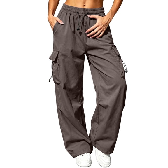 Bovemsi Flowy Pants for Women Fashion Outfits Clothes Brown Wide Leg Lightweight Cargo Jogger Trousers With Pockets, Elastic Waist Hiking Pants M