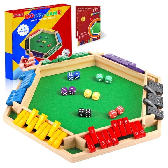 ITOMTE Shut The Box Wooden Dice Game, 6-Player Classic Math Board Game, Large 15-inch Tabletop Fun for Family Night & Group, Gift for Kids & Adults